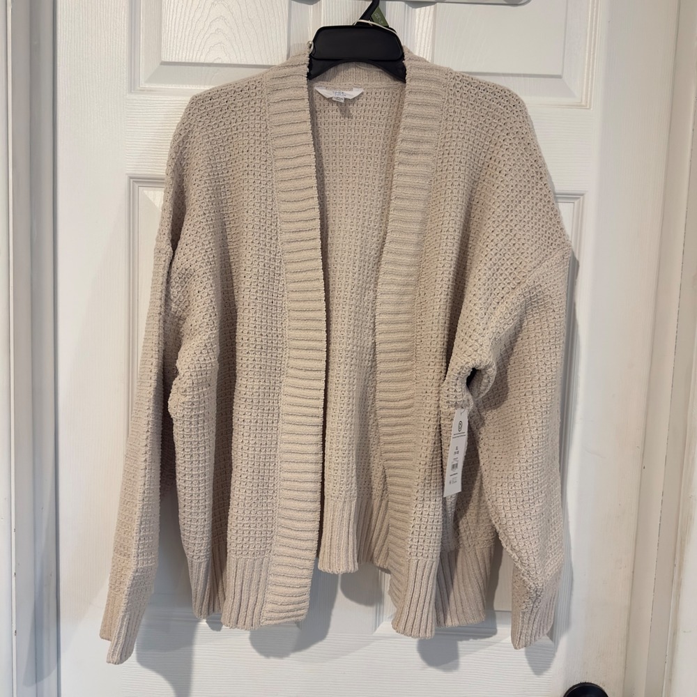 Time and Tru Womens XL Papyrus Beige Chenille Waffle Knit Open Front Cardigan
